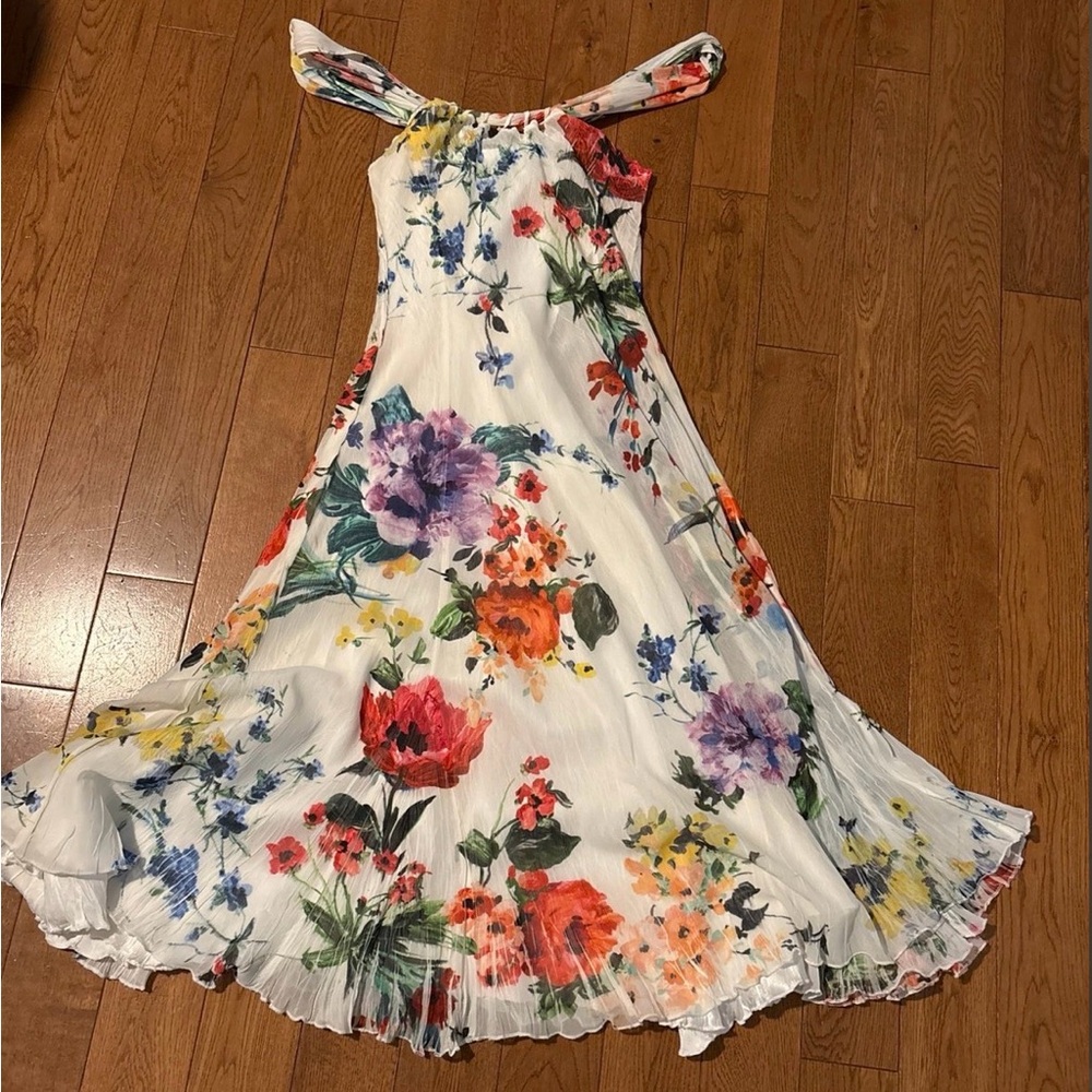 Komarov White Pleated Midi Dress with Red, Purple, Yellow & Green Floral Print